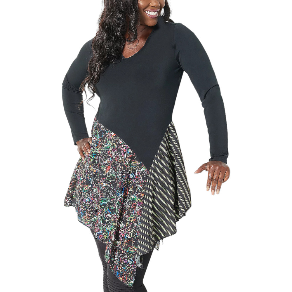 Truth + Style Mix Media Tunic with Printed Woven Panels Black Multi - Regular